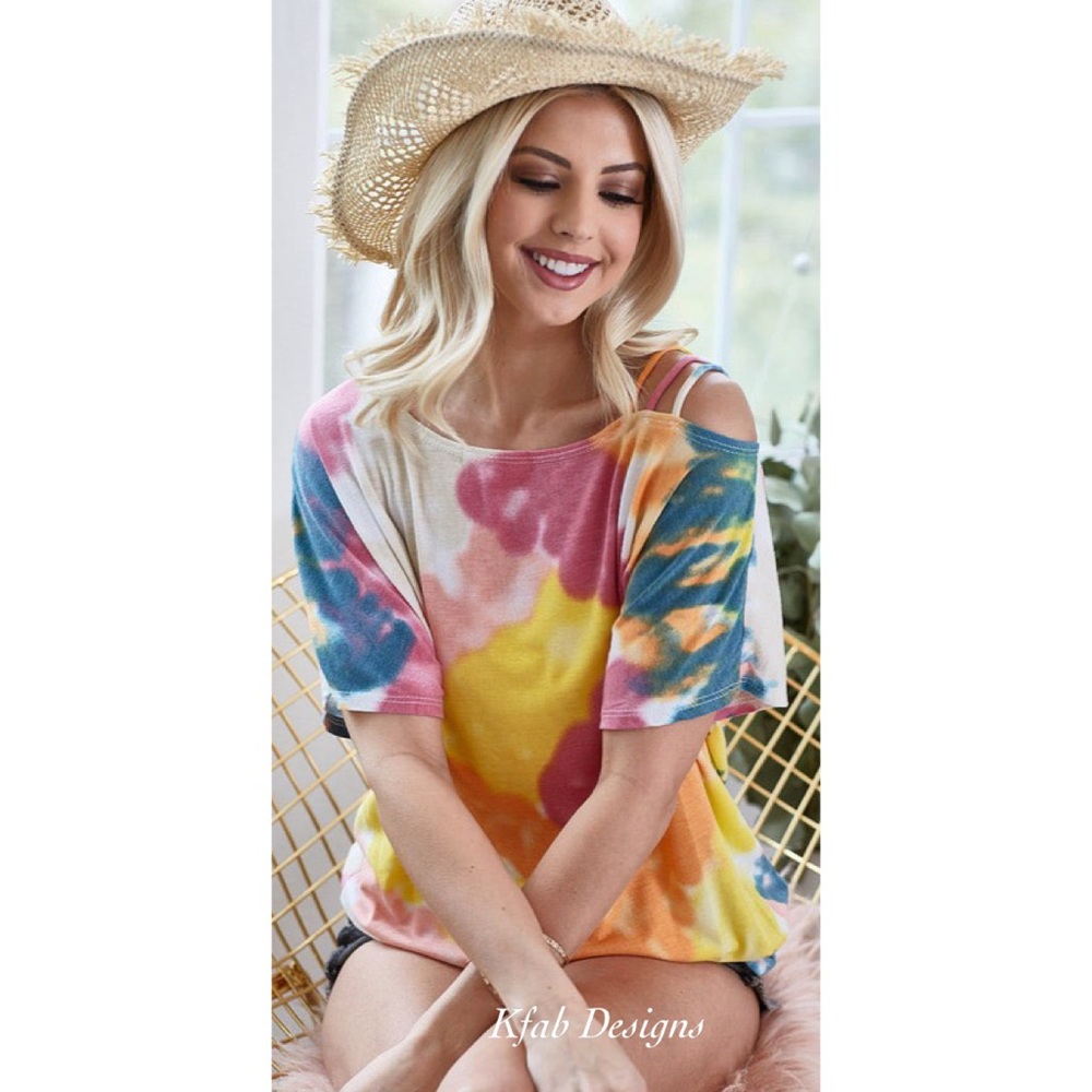 LAST 2! Tie Dye Strappy One Shoulder Super Soft Jersey Top! - Picture 2 of 10